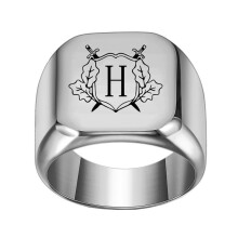 Stainless Steel Personalized Square Initial Alphabet A to Z Ring for Men Women Silver H Size 15