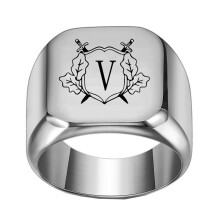 Stainless Steel Personalized Square Initial Alphabet A to Z Ring for Men Women Silver V Size 15