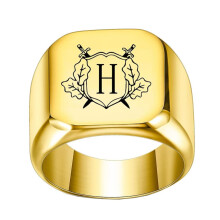 Stainless Steel Personalized Square Initial Alphabet A to Z Ring for Men Women Gold H Size 11