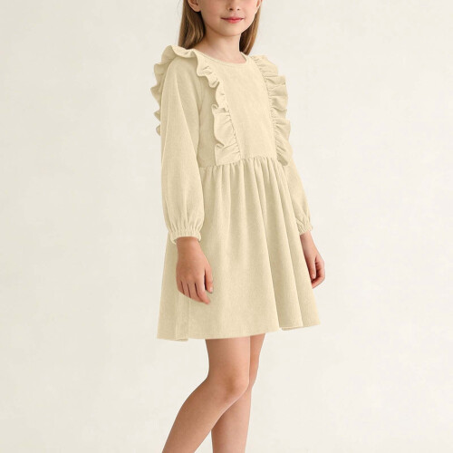Mädchenkleid, einfarbig, langärmelig, Rundhalsausschnitt, lässig und bequem 2