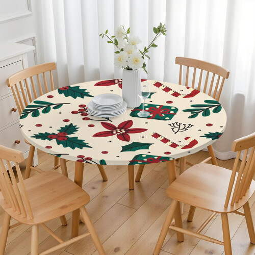 Toalha de mesa redonda de Natal de 44 polegadas com bainha elástica – Compatível com a maioria das mesas 2