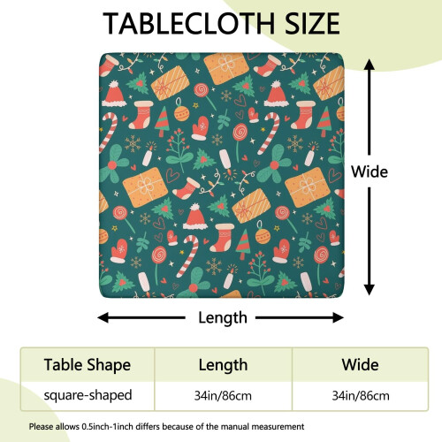 Toalha de mesa natalina lavável com acabamento elástico, quadrada de 86 x 86 cm (34 x 34 polegadas), resistente a rugas, pronta para uso assim que 1