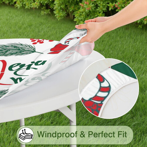 Festlig stripete julebordduk 132 cm rund, elastisk kantdesign for middagsbord 2