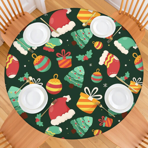 Toalha de mesa verde natalina com bainha elástica, redonda de 112 cm (44 polegadas), perfeita para proteger a mesa do jantar de Natal. 1