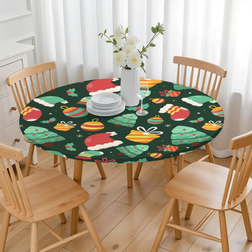 Toalha de mesa verde natalina com bainha elástica, redonda de 112 cm (44 polegadas), perfeita para proteger a mesa do jantar de Natal. 2
