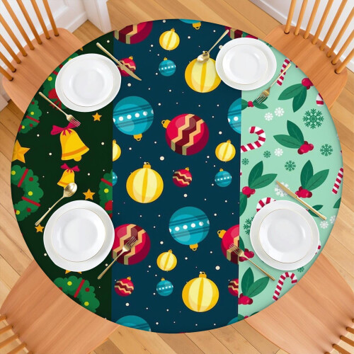 Toalha de mesa redonda de 52 polegadas para festas de fim de ano, com borda elástica para mesas de buffet natalinas e jantares festivos. 1