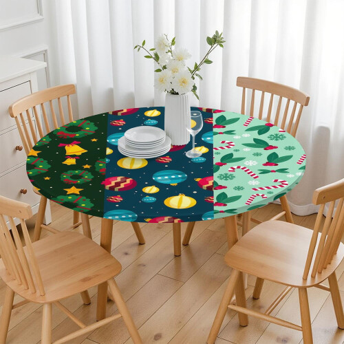 Toalha de mesa redonda de 52 polegadas para festas de fim de ano, com borda elástica para mesas de buffet natalinas e jantares festivos. 2