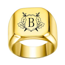 Stainless Steel Personalized Square Initial Alphabet A to Z Ring for Men Women Gold B Size 7