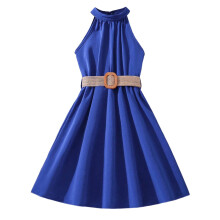 Girls Skirt Hanging Neck Soild Color Print Collection Dress Princess Dress(8Y 7-8 Years,Dark Blue)