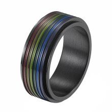 Men's and Women's Stainless Steel 8MM LGBTQ Pride Happiness Rainbow Rotatable Couple Ring Black Size 9
