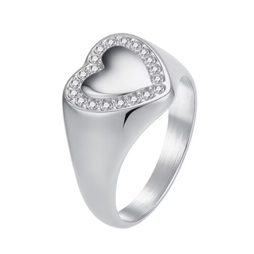 Stainless Steel Zirconia Heart Ring Silver Size 8