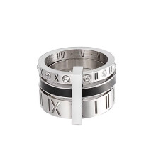 Women's Stainless Steel Roman Numerals 3 in 1 Ring Black Shell Inlay Rotatable Trinity Wedding Band Silver Size 4.5
