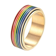 Men's and Women's Stainless Steel 8MM LGBTQ Pride Happiness Rainbow Rotatable Couple Ring Gold Size 11