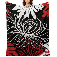 Red Black White Chrysanthemum Flannel Blanket, 40"x50", Soft Lightweight Throw for Couch, Sofa, Kids & Adults