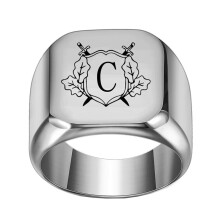 Stainless Steel Personalized Square Initial Alphabet A to Z Ring for Men Women Silver C Size 13