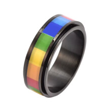 Men's and Women's Stainless Steel 8MM Rotatable Relieves Anxiety Fortunate Wish Rainbow Ring Black Size 7