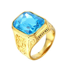 Men's Stainless Steel Vintage Wedding Promise Engagement Ring with Big Stone Gold Lake Blue Size 9