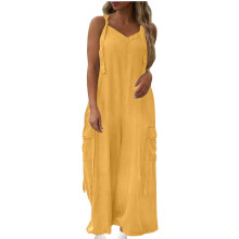 Tuta intera da donna in saldo 2025, tuta estiva casual senza maniche con spalline sottili e tasca, gialla, taglia 10 (XL)