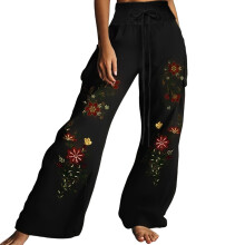 Wide Leg Pants for Women Floral Pants High Waist-Black XXL