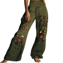 Wide Leg Pants for Women Floral Pants High Waist-Army Green M