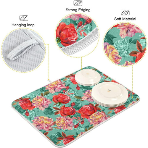 Boho Flower Dish Drying Mat 16x18", Reversible, High-Absorbent Microfiber, Hanging Loop, for Kitchen & Coffee Bar 2