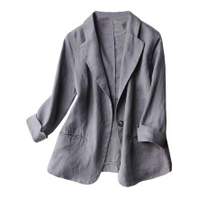 Blazer feminino de algodão com bolso, estilo casual, com um botão, em linho, lapela, manga 3/4, cor cinza, tamanho G.