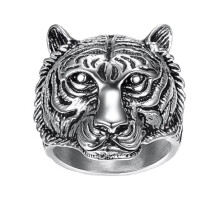 Men's Stainless Steel Vintage Personalized Creative Animal Tiger Head Punk Ring Silver Black Size 13