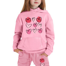 Træningssæt med hætte og 2 dele til piger – sweatshirt med hjerteprint og joggingbukser, 2-13 år (lyserød, størrelse 160)