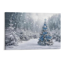 Christmas Tree In The Snow,Pine Tree, Snowflakes Canvas Prints Wall Art,Winter Scene Decor Wooden Framed for Living Room Bedroom Office 1812 inch