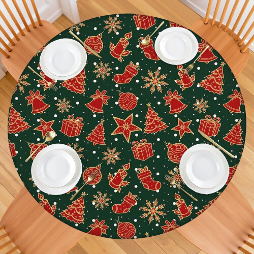 Toalha de mesa redonda de 52 polegadas com bainha elástica, temática natalina, para jantares em família. 1