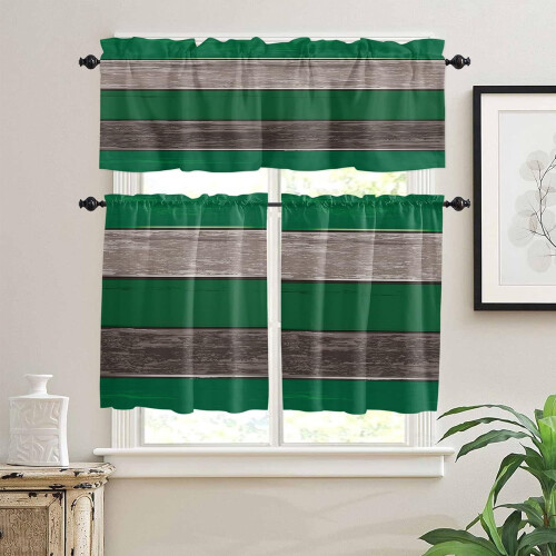 Ensemble de rideaux de cuisine style ferme, vert forêt et marron bois 1