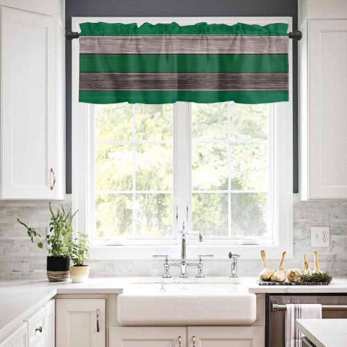 Ensemble de rideaux de cuisine style ferme, vert forêt et marron bois 2