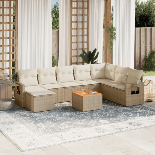 VidaXL vidaXL 9-tlg. Garten-Sofagarnitur mit Kissen Beige Poly Rattan 1