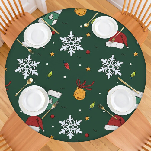 Toalha de mesa natalina listrada em verde e vermelho, redonda de 52 polegadas (132 cm), com borda elástica para um ajuste seguro durante as 1