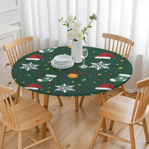 Toalha de mesa natalina listrada em verde e vermelho, redonda de 52 polegadas (132 cm), com borda elástica para um ajuste seguro durante as 2
