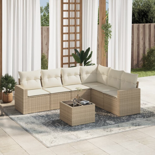 VidaXL vidaXL 7-tlg. Garten-Sofagarnitur mit Kissen Beige Poly Rattan 1