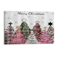 Pink & Green Plaid Christmas Tree Canvas Art, Snowflake Winter Scene Wall Decor, Wooden Frame, 1812 inch