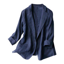Blazer feminino de algodão com bolso, estilo casual, com um botão, em linho, lapela, manga 3/4, azul, tamanho XL.