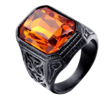 Men's Stainless Steel Vintage Wedding Promise Engagement Ring with Big Stone Black Orange Size 8