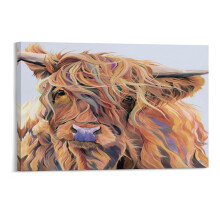 Quadro em tela com pintura aquarela de vaca marrom das Terras Altas, decoração de inverno com moldura de madeira para sala de estar, quarto ou