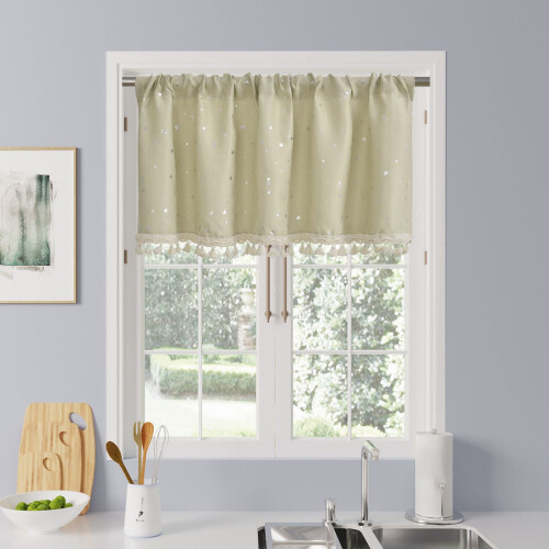 Star Pattern Curtain with Tassels Threaded Pole 1 Piece