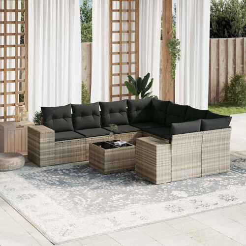 VidaXL vidaXL 9-tlg. Garten-Sofagarnitur mit Kissen Hellgrau Poly Rattan 1