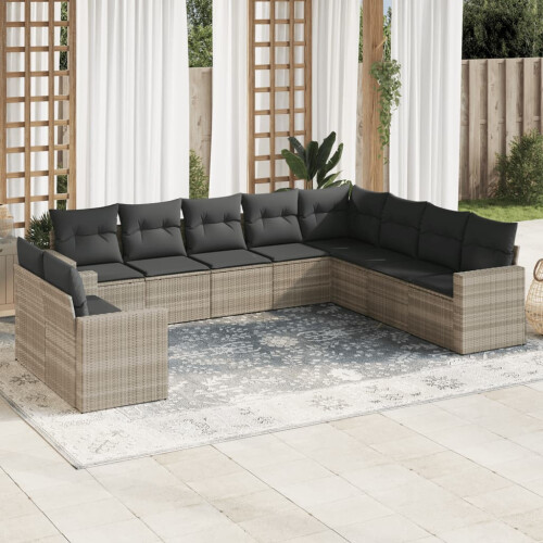 VidaXL vidaXL 10-tlg. Garten-Sofagarnitur mit Kissen Hellgrau Poly Rattan 1
