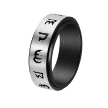 Men's and Women's Stainless Steel Chinese Style Tibetan Lucky Amulet 6 Word Mantra Rotatable Finger Ring Silver Black Size 8