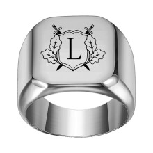 Stainless Steel Personalized Square Initial Alphabet A to Z Ring for Men Women Silver L Size 9