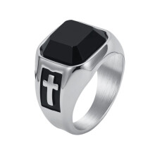 Men's Stainless Steel Retro Street Style Black Square Cross Gemstone Ring Silver Size 9