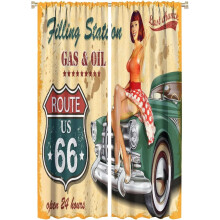 Route 66 Window Curtains, Lady Sitting on A Car Highway Nostalgic Grunge Theme Curtains, for Living Room Bedroom 52x84in 2 Panels