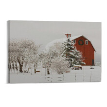 Red Snowy Barn Christmas on the Farm Canvas Prints Wall Art,Winter Scene Decor Wooden Framed for Living Room Bedroom Office 128 inch