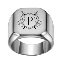 Stainless Steel Personalized Square Initial Alphabet A to Z Ring for Men Women Silver P Size 6