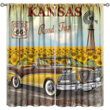Rustic Farmhouse Retro Car Window Curtains, American Vintage Classic Old Car Sunflowers Print Window Drapes, for Living Room Bedroom 72" W X 63" L